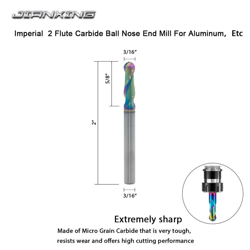 JIANXING 3/16" DLC Coated 2-Flute Carbide Ball Nose End Mill, Ideal for Aluminum, Copper Alloys, and Plastic Machining – High Precision & Wear-Resistant Cutting Tool (4 Pieces) - Image 2